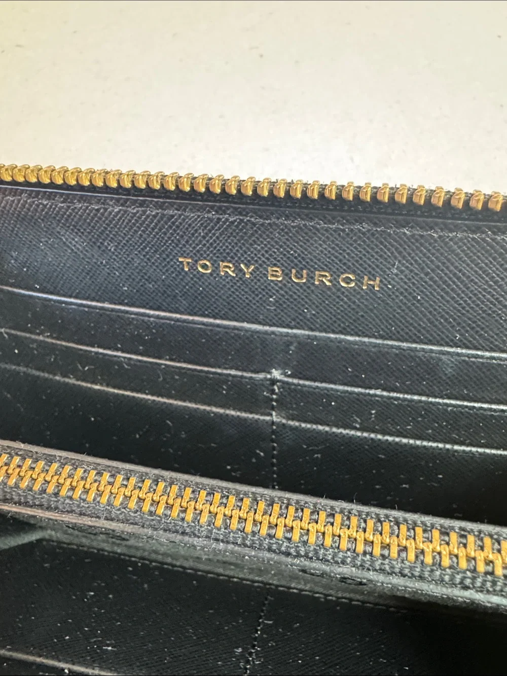 Tory Burch Robinson Black Saffiano Double-Zip Wallet with Gold Logo